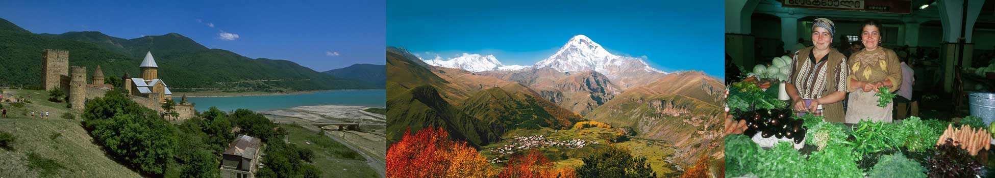 Blick auf die Wehrkirche Ananuri, den Kazbek und Marktfrauen in Georgien