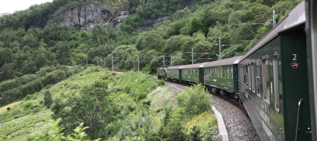 Blick aus dem Zug der Norway Rail auf dem Weg zum Polarkreis