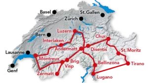 karte mit dem Streckenverlauf der großen Schweiz-Zug-Rundreise mit Glacierexpress und Gotthard Panoram Express