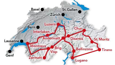 karte mit dem Streckenverlauf der großen Schweiz-Zug-Rundreise mit Glacierexpress und Gotthard Panoram Express